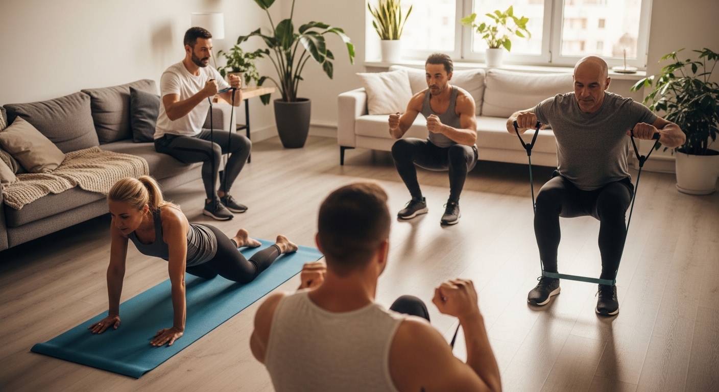 Diverse adults over 40 exercising at home together
