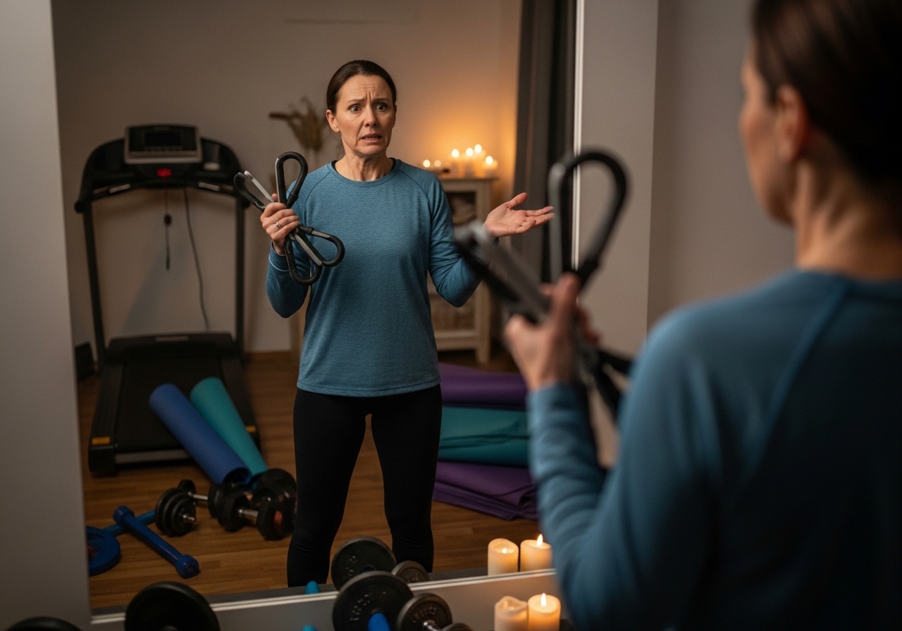 Person feeling frustrated with complicated gym equipment