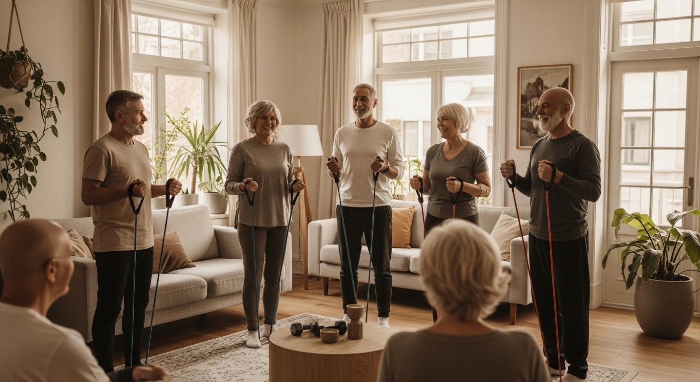 Diverse group of adults 40+ exercising together at home with simple equipment