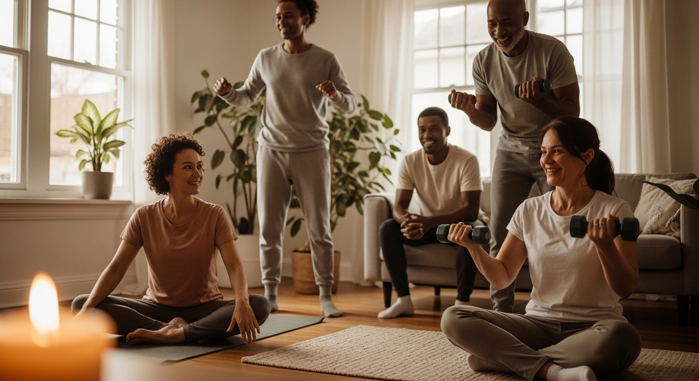 Diverse adults in their 40s-50s exercising comfortably at home