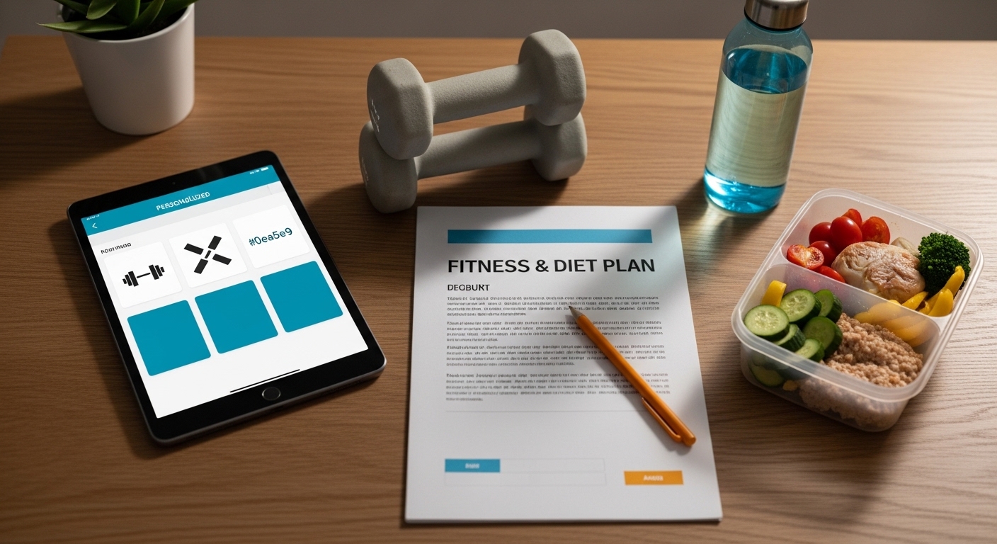 Personalized health blueprint with workout equipment and healthy meal