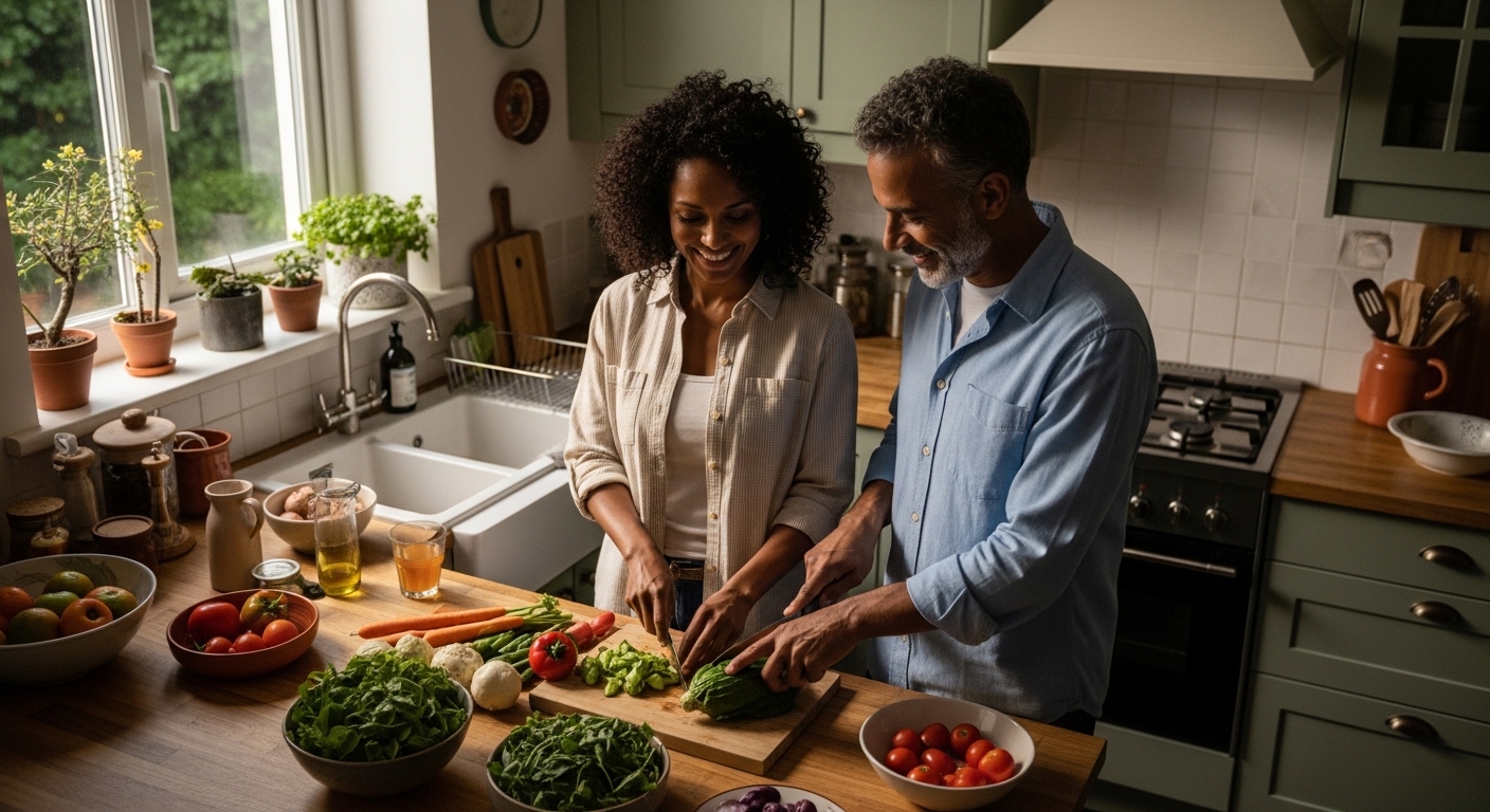 Mature couple preparing healthy meal together in home kitchen