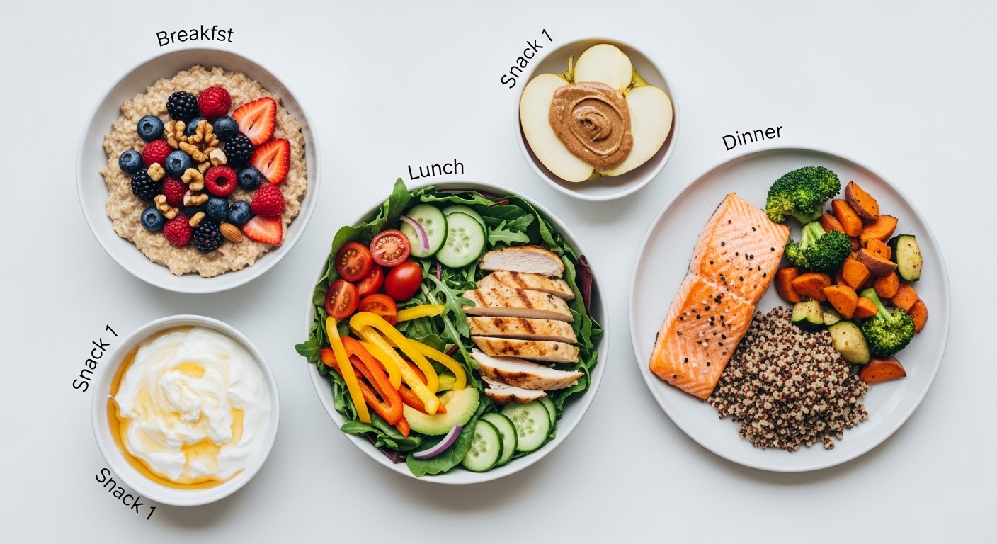 Sample day of balanced meals showing breakfast oatmeal with berries, grilled chicken salad lunch, salmon dinner with vegetables, and healthy snacks