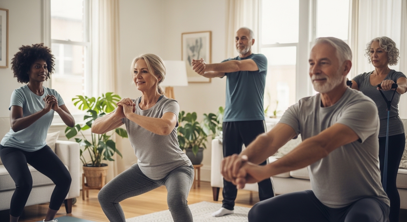 Diverse adults over 40 exercising comfortably at home, demonstrating that age is not a barrier to fitness
