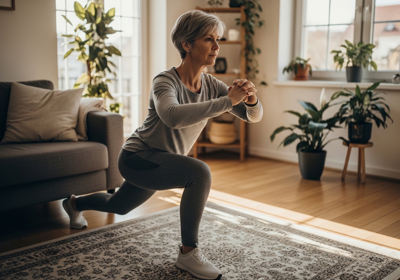 Middle-aged adult performing bodyweight exercises in home living room setting